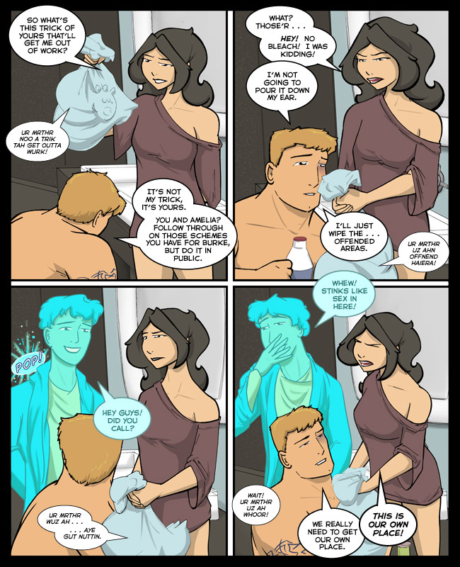 Comic for 04 June 2012: Their bathroom was very fancy with a nice wall-mounted faucet, until I added people.