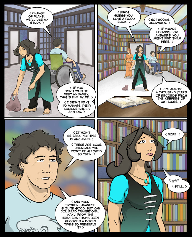 Comic for 08 June 2015: Let's draw the library, said Past Me. How hard could drawing all of those books be? asked Past Me.
