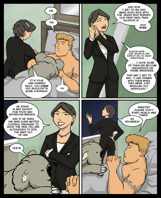 Comic for 07 November 2013: I didn't like that first panel Hope and was about to redraw it, until I saw the awesome frowny face on her butt.