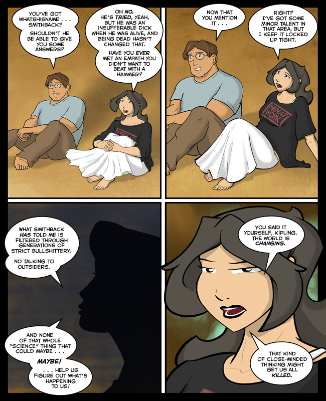 Comic for 21 July 2014: Kipling does not solve all of his problems by being quick enough with a hammer, and is very concerned.