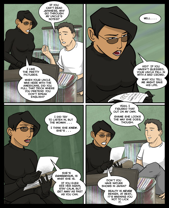 Comic for 03 February 2014: She told him they are her reading glasses. but specially tinted, because assassins travel light. EXPOSITION!