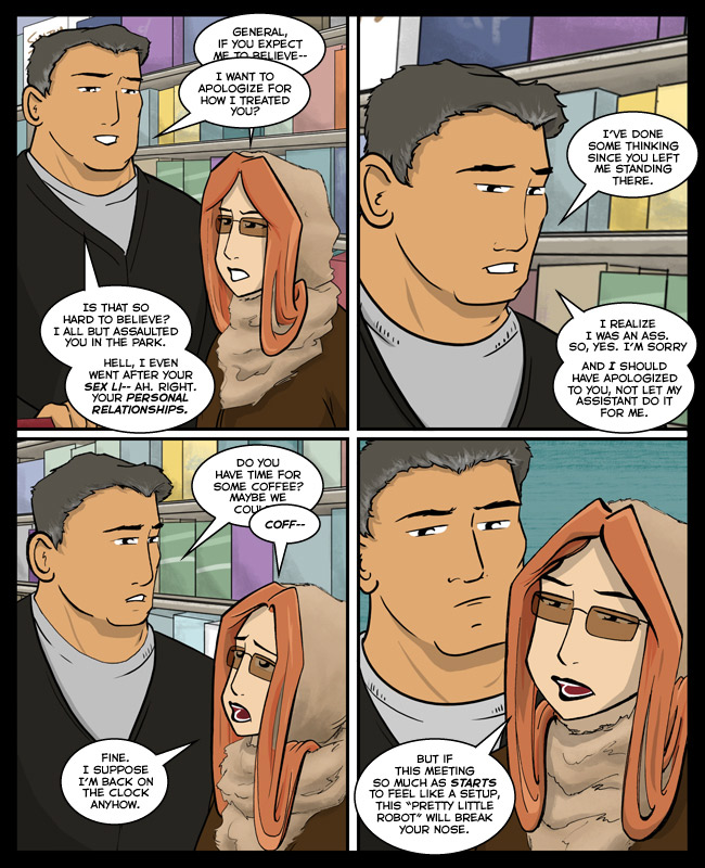 Comic for 17 March 2014: She'd actually fling her coffee in his face and run away doing a Kermit-flail, but that's a terrible threat.