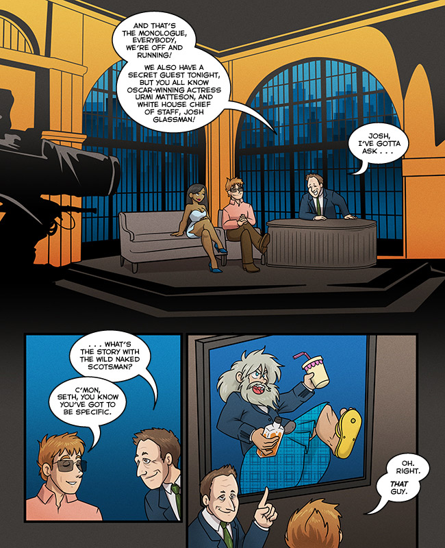 Comic for 08 May 2024: Seth's desktop swag vanished after Scollins accidentally set fire to the studio during a bit. SCOLLINS!