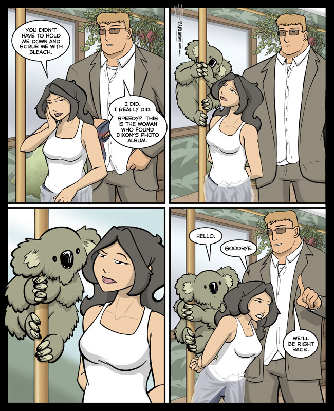 Comic for 17 October 2006: The birth of the running "bleach is safe to use on human skin" gag.  Also: Speedy.